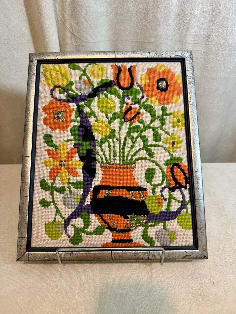 Vintage Floral Bouquet in Vase Framed Needlepoint Art
